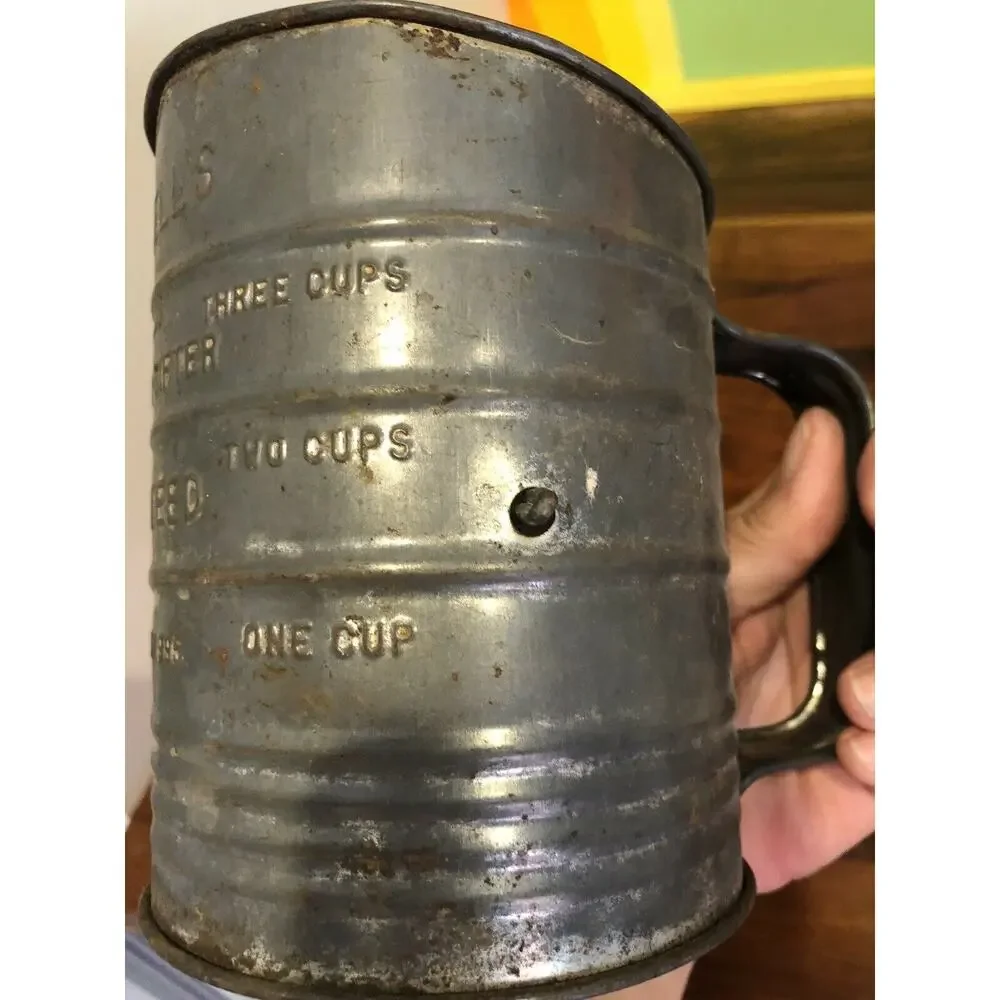 Antique Bromwell Metal Flour Sifter with Red Wood Knob Turn Handle USA